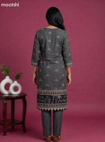 Beige and Black Dola Silk Kalamkari Printed & Mirror Work Straight Suit
