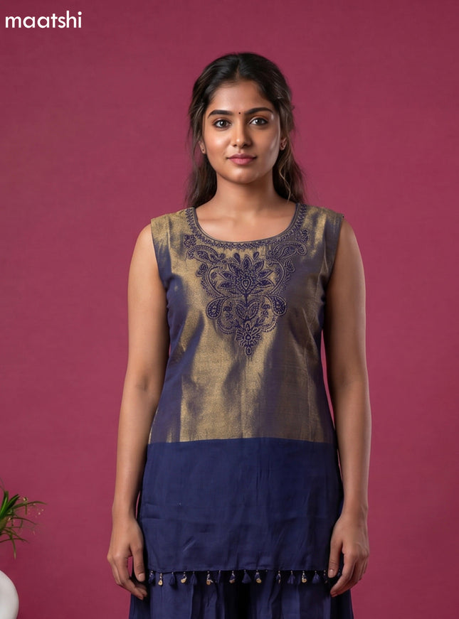 Navy Blue Tissue Embroidery Work Short Straight Suit