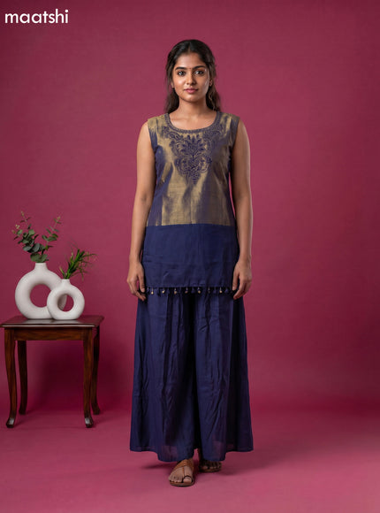 Navy Blue Tissue Embroidery Work Short Straight Suit