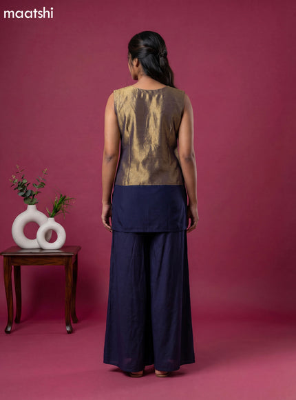 Navy Blue Tissue Embroidery Work Short Straight Suit