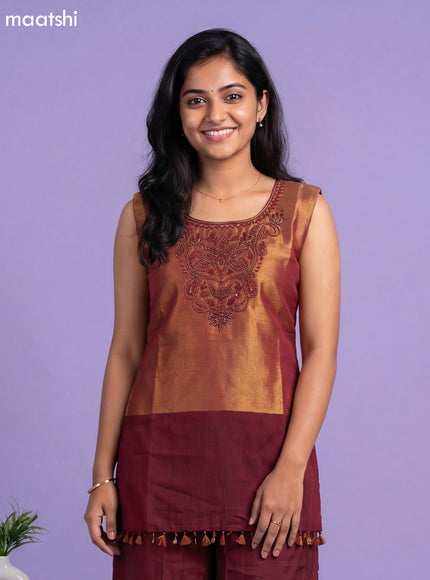Maroon Tissue Embroidery Work Short Straight Suit
