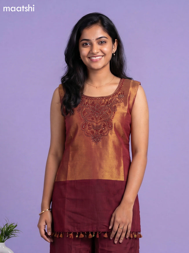 Maroon Tissue Embroidery Work Short Straight Suit