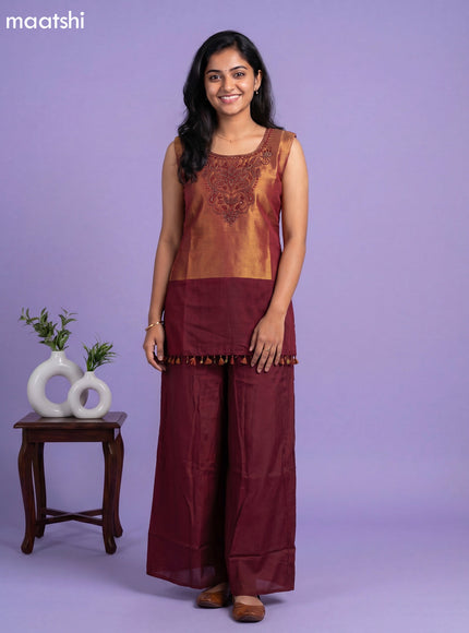 Maroon Tissue Embroidery Work Short Straight Suit