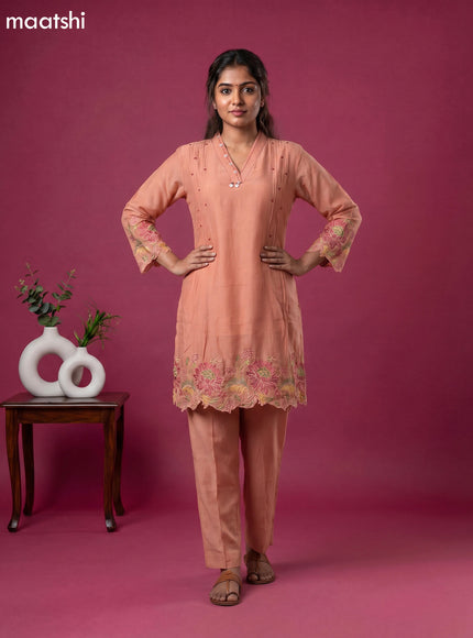 Peach Chanderi Embroidery Work Short Kurti Set