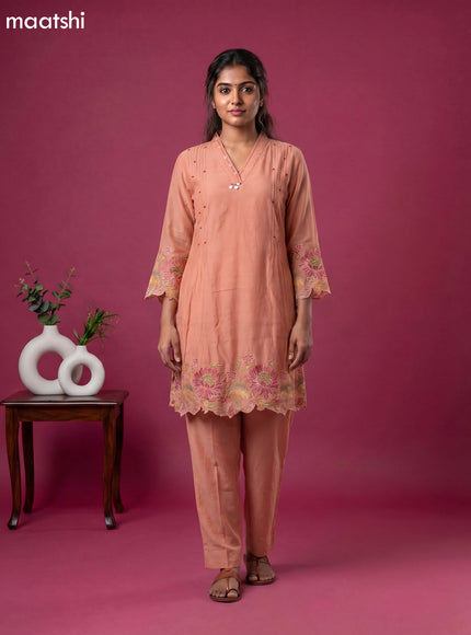 Peach Chanderi Embroidery Work Short Kurti Set