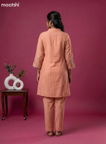 Peach Chanderi Embroidery Work Short Kurti Set