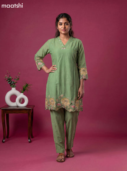 Pista Green Chanderi Embroidery Work Short Kurti Set