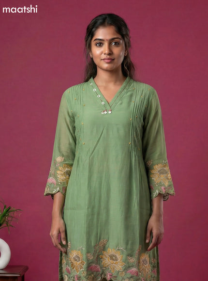 Pista Green Chanderi Embroidery Work Short Kurti Set