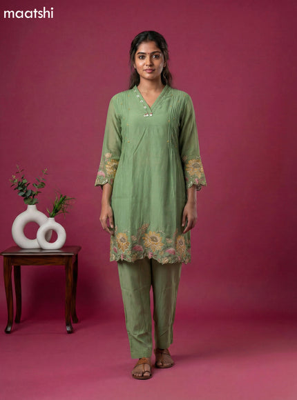 Pista Green Chanderi Embroidery Work Short Kurti Set