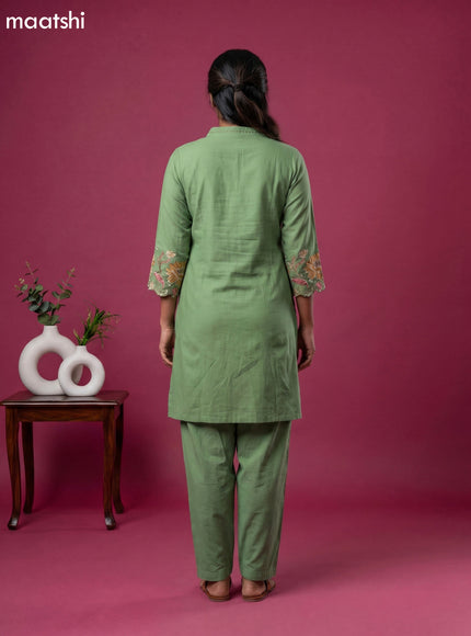 Pista Green Chanderi Embroidery Work Short Kurti Set