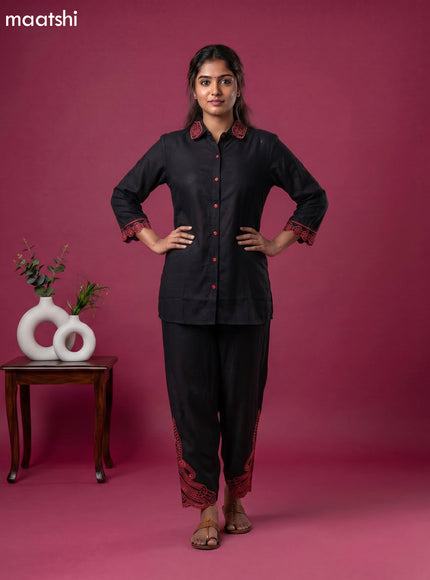 Black and Peach Shade Cotton Simple Embroidery Work Short Co-Ord Set