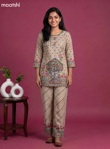 Beige and Multicolour Linen Cotton Floral Printed & Embroidery Work Short Co-Ord Set