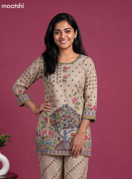 Beige and Multicolour Linen Cotton Floral Printed & Embroidery Work Short Co-Ord Set