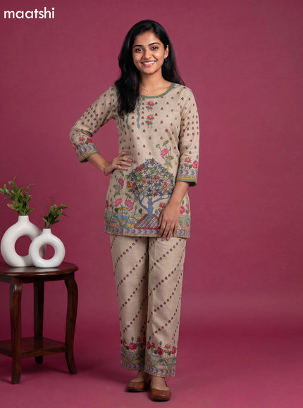 Beige and Multicolour Linen Cotton Floral Printed & Embroidery Work Short Co-Ord Set