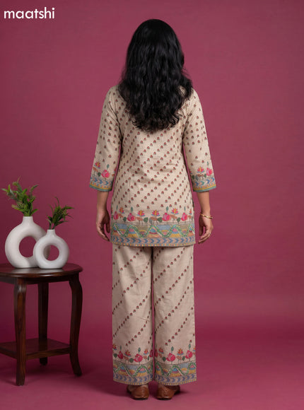 Beige and Multicolour Linen Cotton Floral Printed & Embroidery Work Short Co-Ord Set