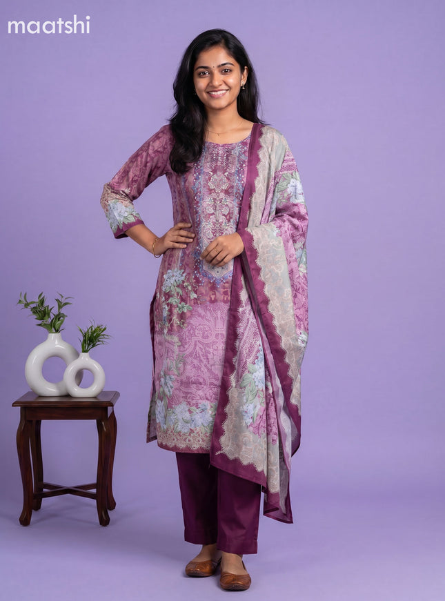 Purple Crepe Silk Floral Printed Straight Suit