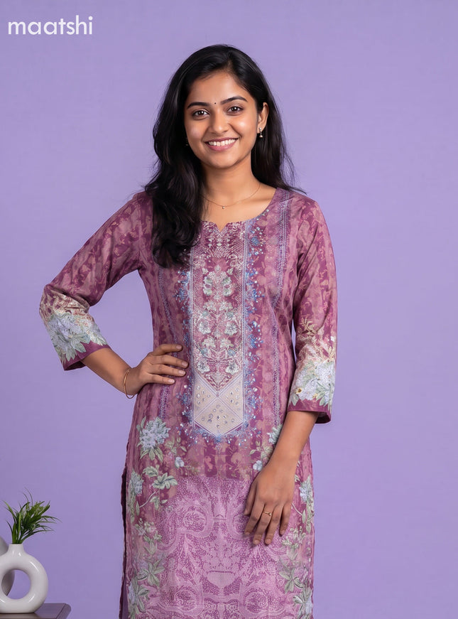 Purple Crepe Silk Floral Printed Straight Suit