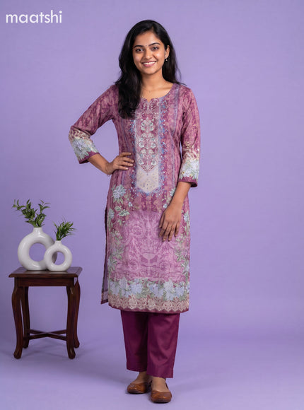 Purple Crepe Silk Floral Printed Straight Suit