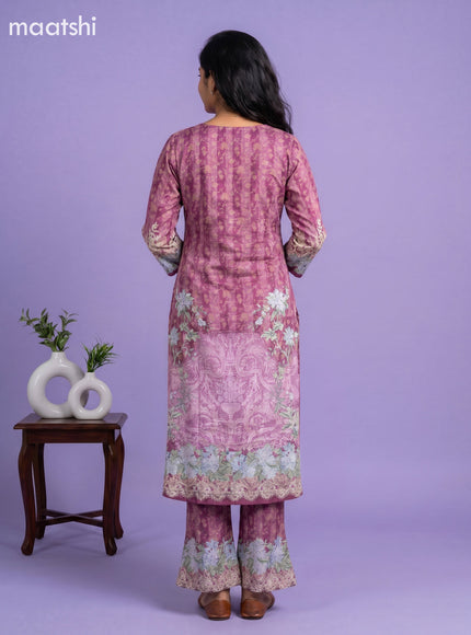 Purple Crepe Silk Floral Printed Straight Suit