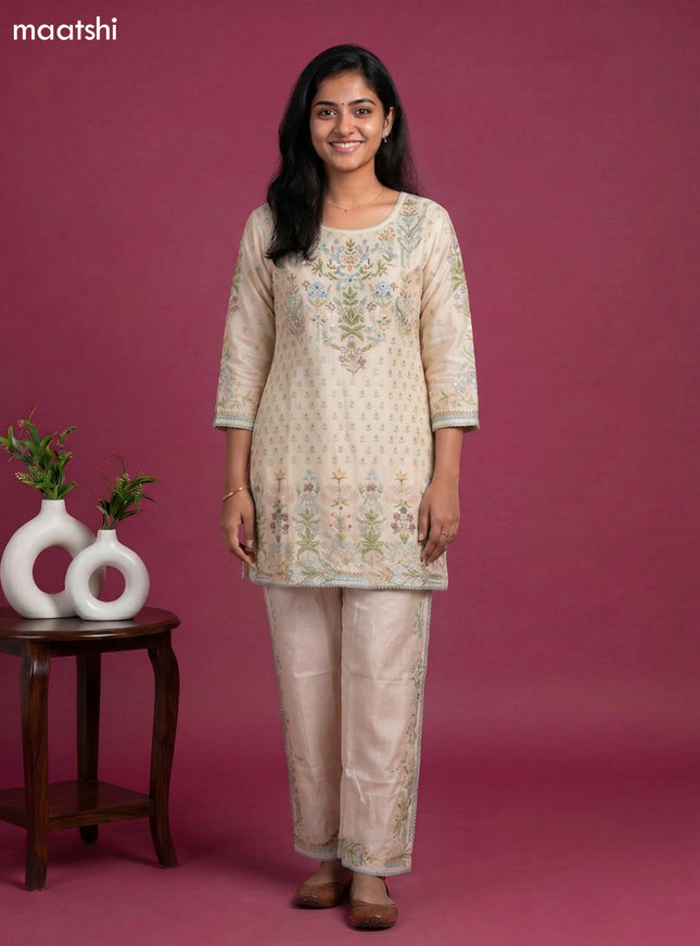 Cream Linen Cotton Printed & Embroidery Short Co-Ord Set