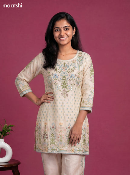 Cream Linen Cotton Printed & Embroidery Short Co-Ord Set
