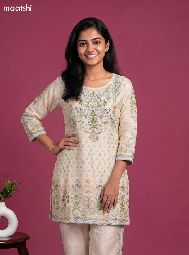Cream Linen Cotton Printed & Embroidery Short Co-Ord Set