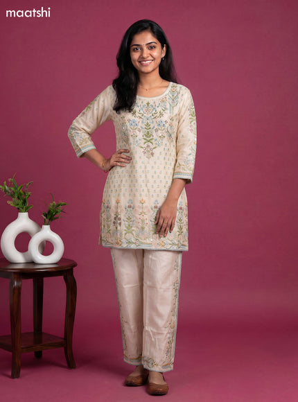 Cream Linen Cotton Printed & Embroidery Short Co-Ord Set