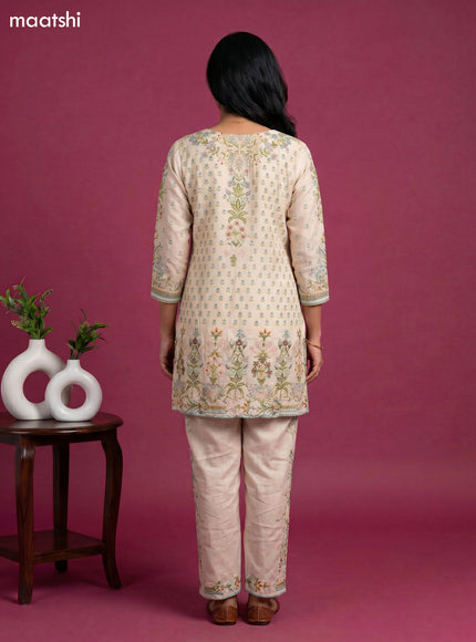 Cream Linen Cotton Printed & Embroidery Short Co-Ord Set