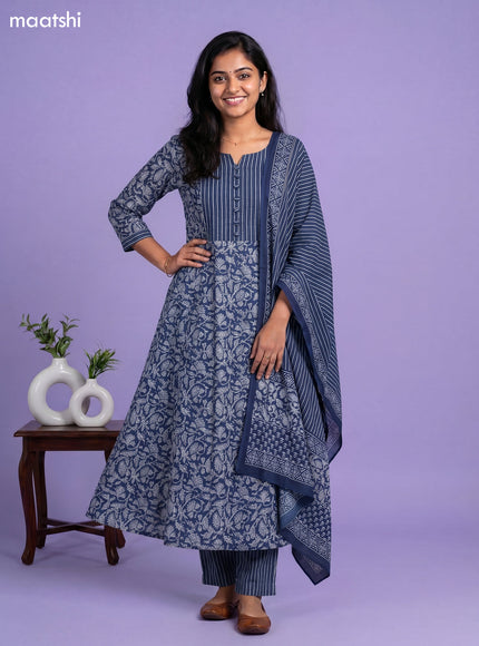 Blue Cotton Kalamkari Printed Anarkali Suit