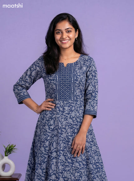 Blue Cotton Kalamkari Printed Anarkali Suit