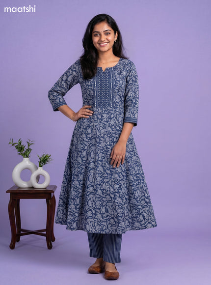 Blue Cotton Kalamkari Printed Anarkali Suit