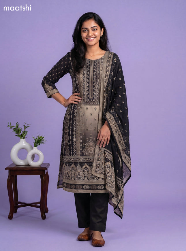 Black and Dark Beige Crepe Silk Floral Printed Straight Suit