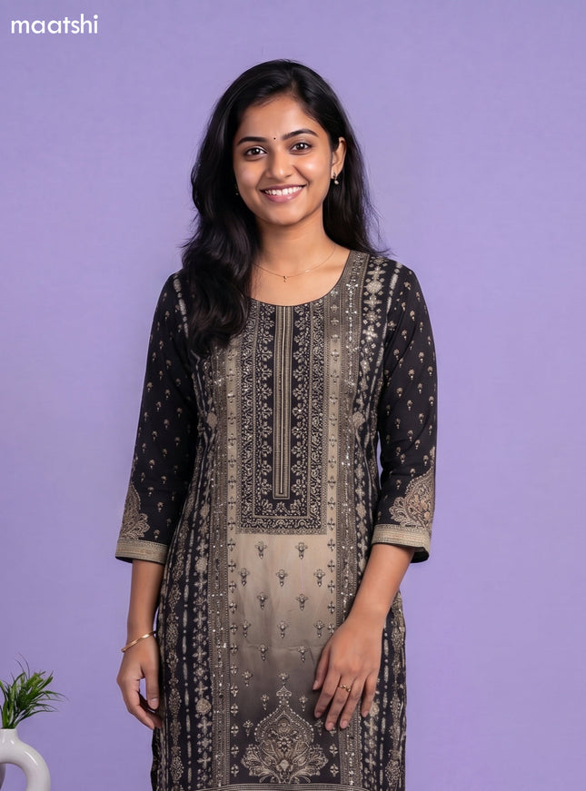 Black and Dark Beige Crepe Silk Floral Printed Straight Suit