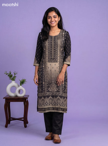 Black and Dark Beige Crepe Silk Floral Printed Straight Suit