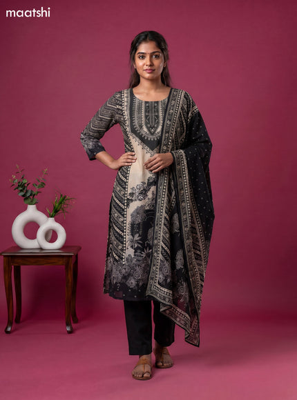 Beige and Black Crepe Silk Floral Printed Straight Suit