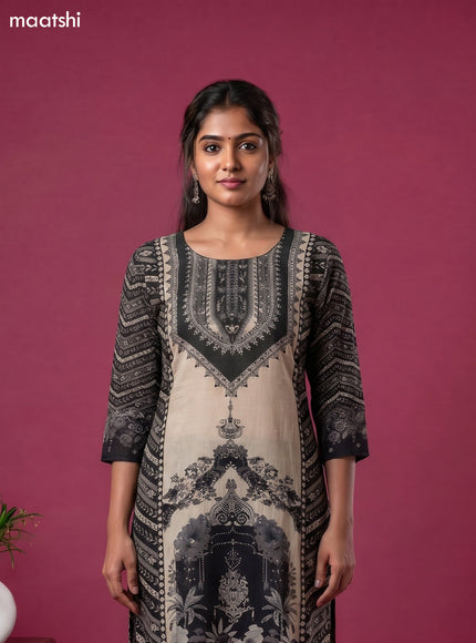 Beige and Black Crepe Silk Floral Printed Straight Suit