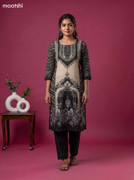 Beige and Black Crepe Silk Floral Printed Straight Suit