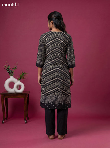 Beige and Black Crepe Silk Floral Printed Straight Suit