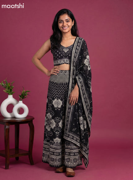 Black Crepe Silk Printed Straight Suit