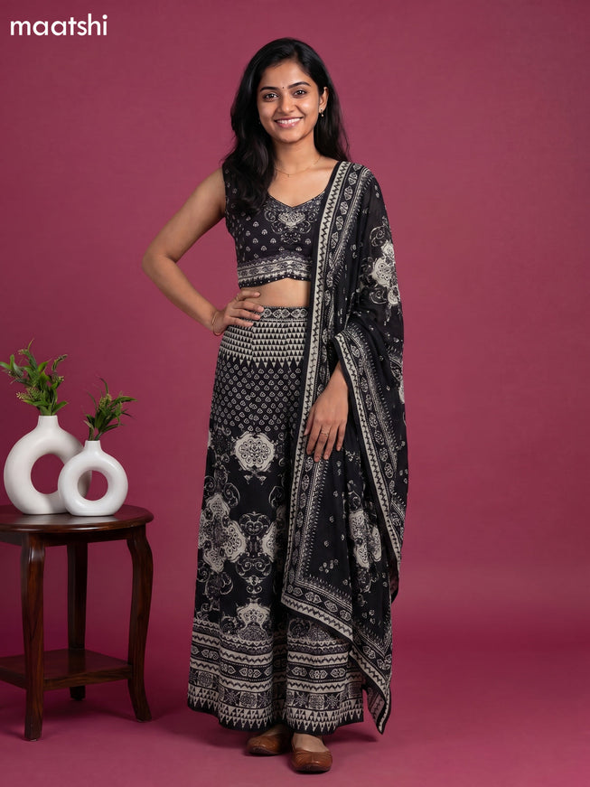 Black Crepe Silk Printed Straight Suit