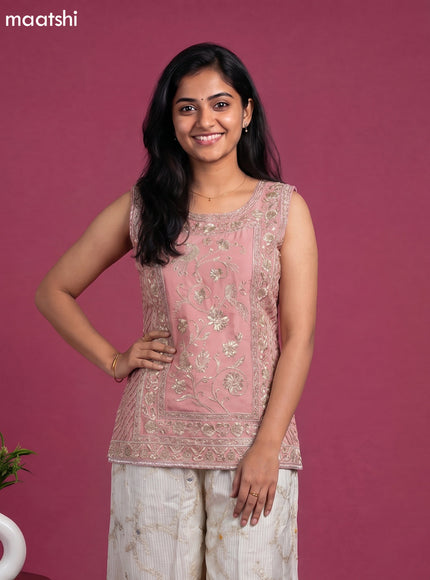 Peach Pink Art Silk With Allover Zardosi Work Straight Work
