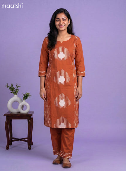 Rust Cotton Floral Printed Straight Kurti Set