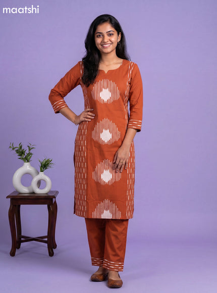Rust Cotton Floral Printed Straight Kurti Set