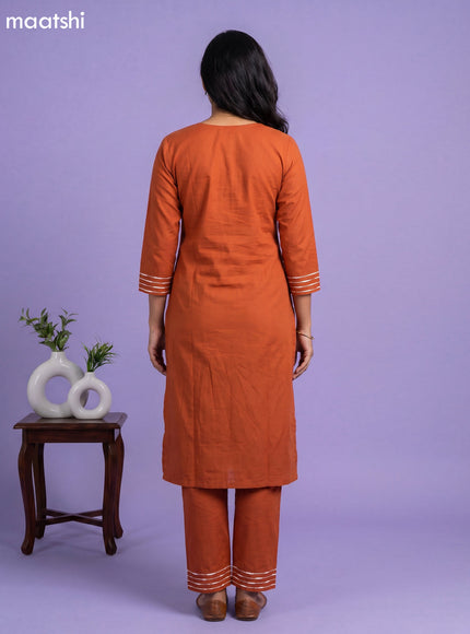 Rust Cotton Floral Printed Straight Kurti Set