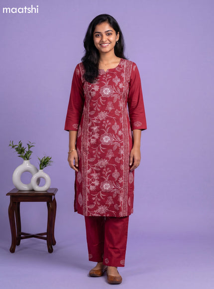 Magenta Pink Cotton Floral Printed Straight Kurti Set