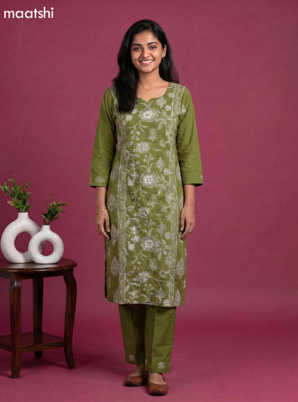 Green Cotton Floral Printed Straight Kurti Set