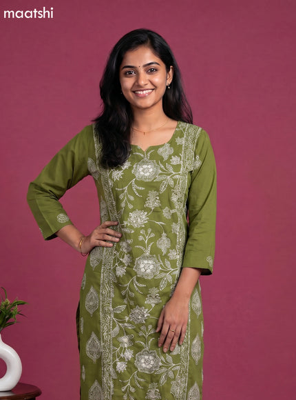 Green Cotton Floral Printed Straight Kurti Set