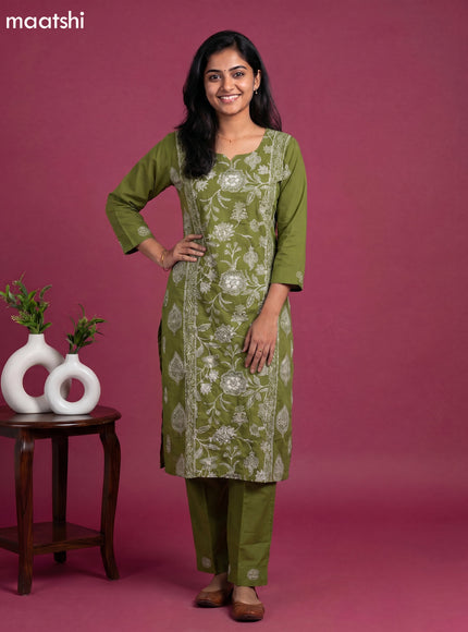 Green Cotton Floral Printed Straight Kurti Set