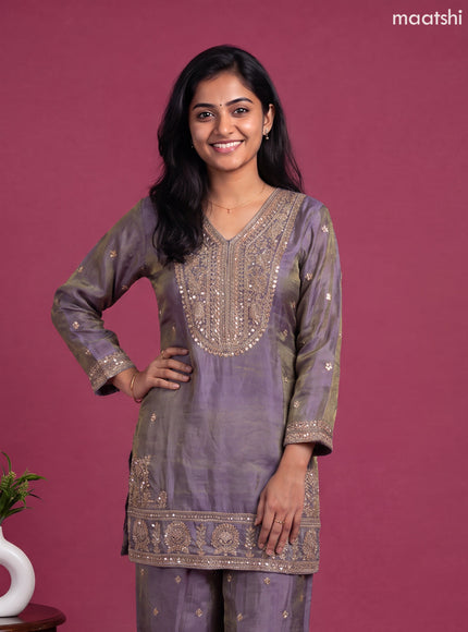 Lavender Tissue Embroidery Work Straight Suit