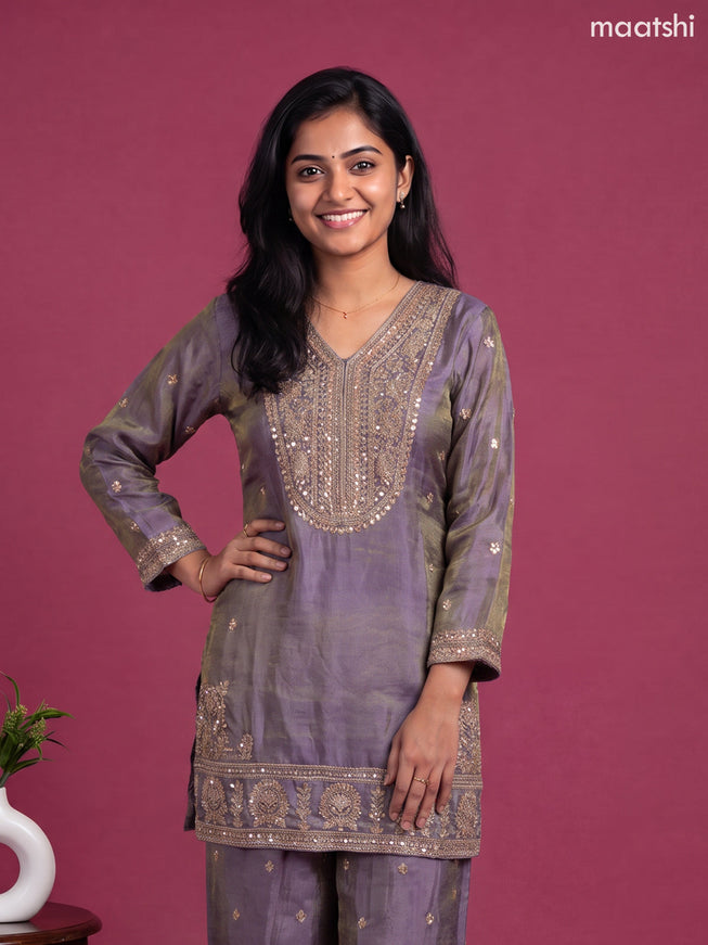 Lavender Tissue Embroidery Work Straight Suit